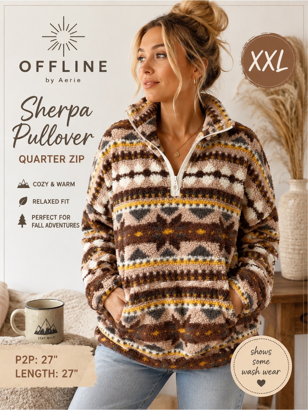 Offline by Aerie XXL Southwestern Sherpa Fleece Quarter Zip Pullover
